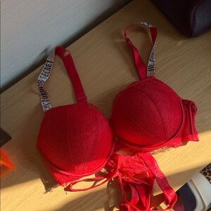 Victoria secret Red Lace Bra rhinestone with panties